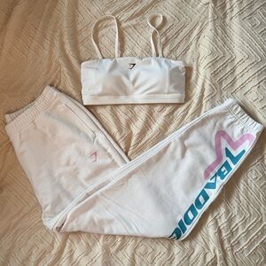 White Gymshark Sports Bra and Baddie Joggers Set